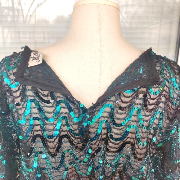 XS/S/M/L 70s/80s Green Sequin Dolman Batwing Sleeve Poncho Party Top - Picture 7 of 9